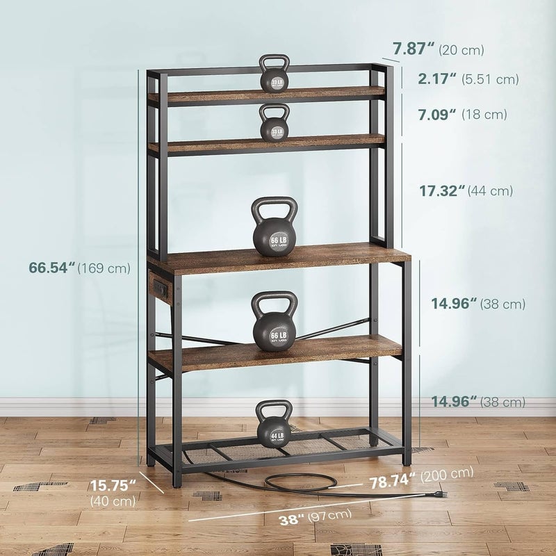 Denkee Large Bakers Rack with Power Outlets, 38 Inch Microwave Stand with Storage, 5-Tier Coffee Bar Stand, Industrial Kitchen Shelf Rack, Charcoal Black - Image 3